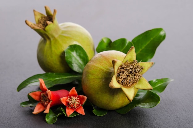 Grenades avec feuilles isolées sur fond noir