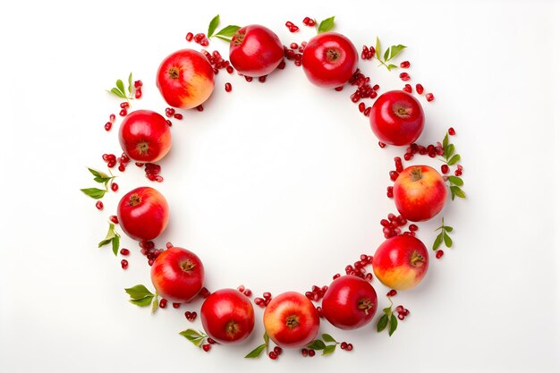 Des grenades et des pommes rouges sur fond blanc avec une vue de l'espace de copie d'en haut à plat. Bonne année juive Rosh Hashanah concept généré ai