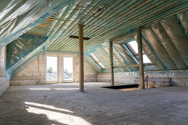 Un grenier spacieux en construction avec isolation thermique et lucarnes dans une nouvelle maison