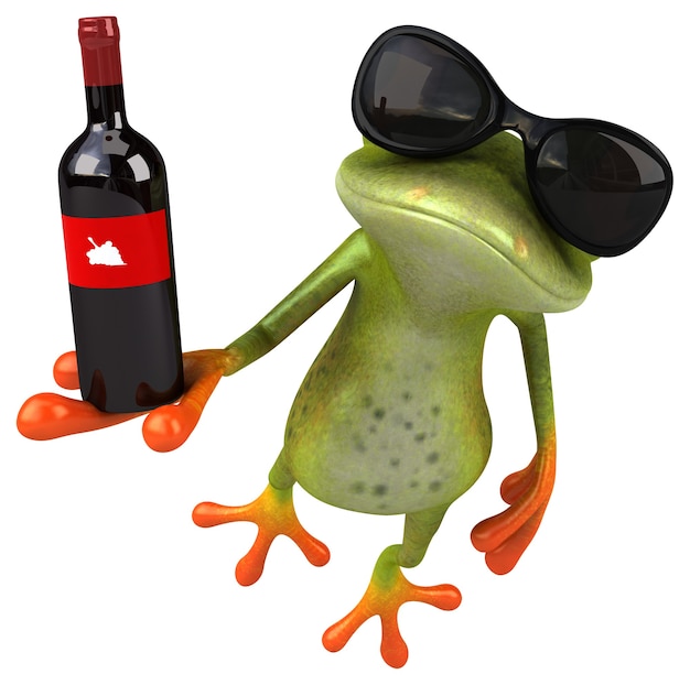 Grenouille amusante tenant une bouteille de vin