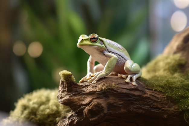 une grenouille assise sur une branche avec un arrière-plan flou