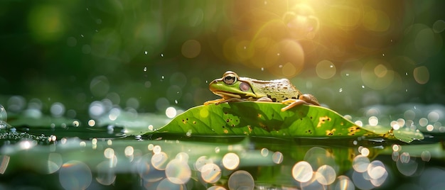 Une grenouille assise sur une feuille dans l'étang avec la lumière du soleil du matin qui brille sur les eaux.