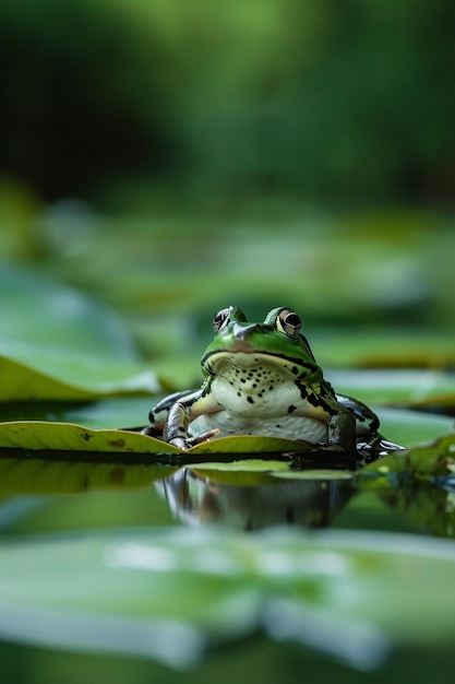 une grenouille assise sur un lis