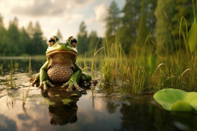 grenouille assise sur la pierre dans un paysage naturel près du lac ai génératif