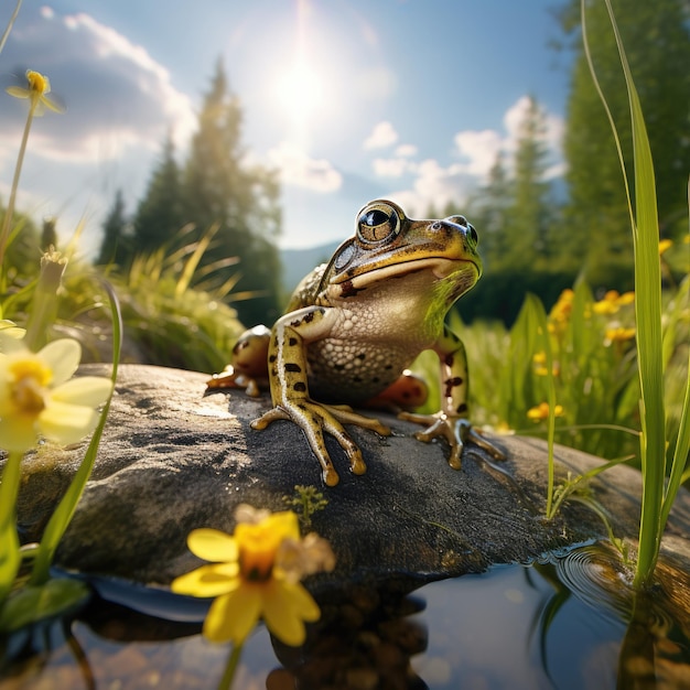 grenouille assise sur la pierre dans un paysage naturel près du lac ai génératif