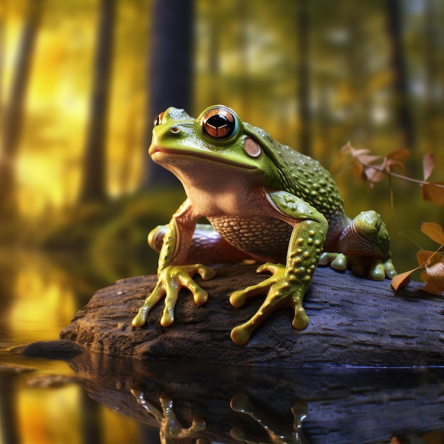 grenouille assise sur la pierre dans un paysage naturel près du lac ai génératif