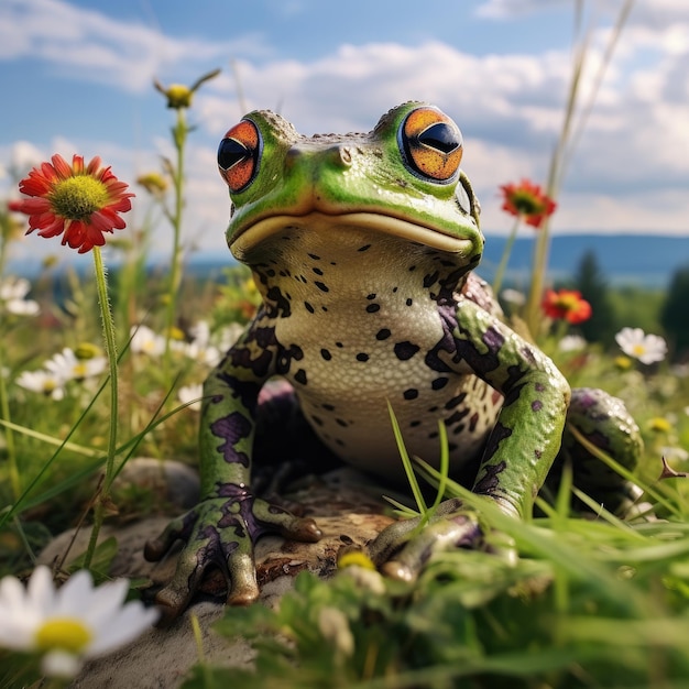 grenouille assise sur la pierre dans un paysage naturel près du lac ai génératif