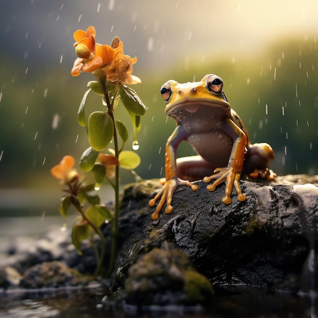 grenouille assise sur la pierre dans un paysage naturel près du lac ai génératif