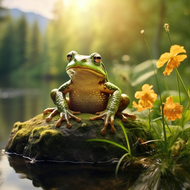 Photo grenouille assise sur la pierre dans un paysage naturel près du lac ai génératif