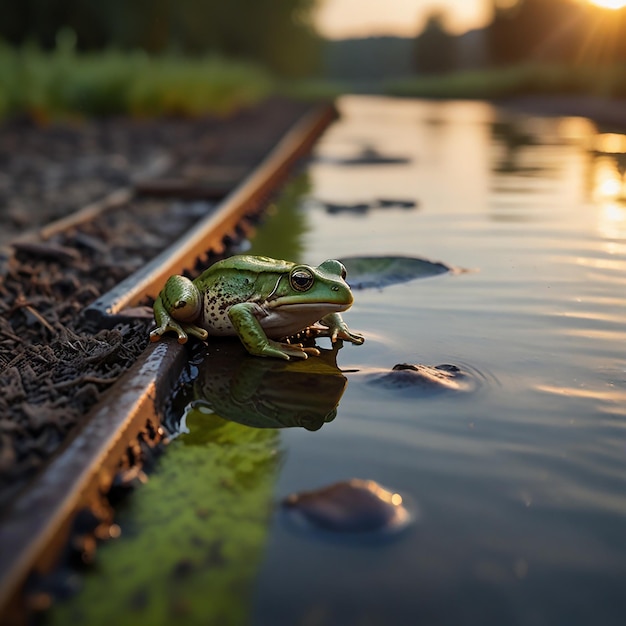 Photo une grenouille assise sur une voie ferrée avec le soleil couchant derrière elle