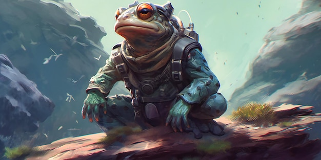 Une grenouille astronaute assise sur une falaise rocheuse