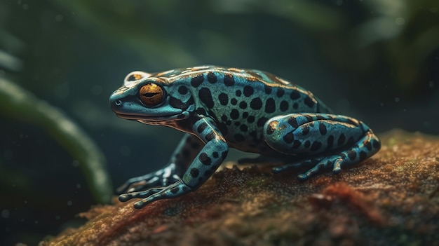 Une grenouille au corps bleu et aux taches noires est assise sur un rocher.