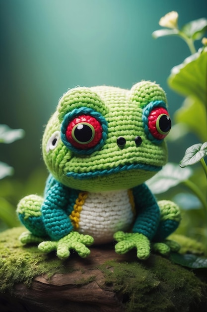 Une grenouille au crochet tricotée sur un morceau de bois mousseux dans le jardin