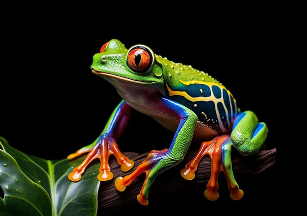 grenouille aux couleurs vives assise sur une branche avec des feuilles en arrière-plan ai générative