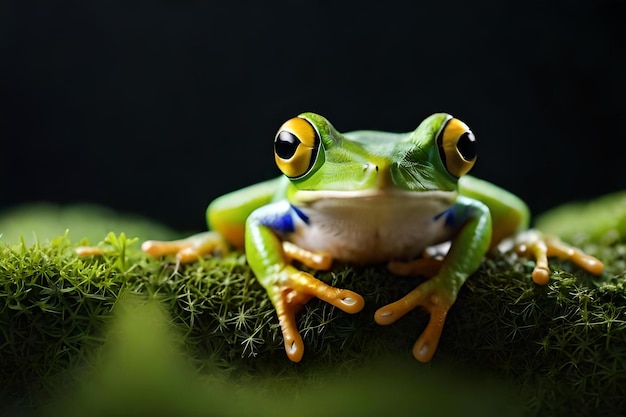 Une grenouille aux yeux jaunes est assise sur une branche moussue.