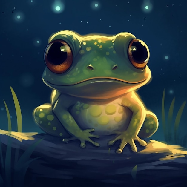 Une grenouille aux yeux jaunes est assise sur un rocher devant une nuit étoilée.