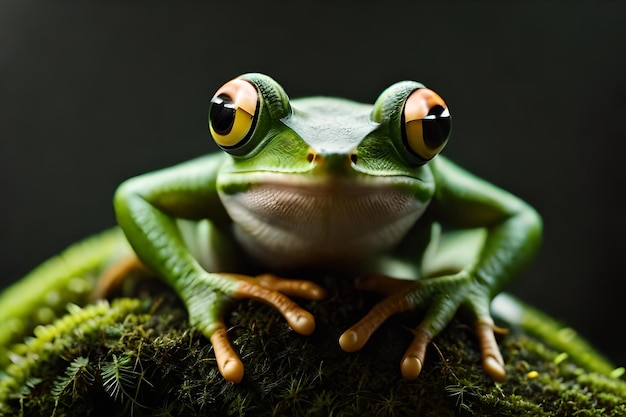 Une grenouille aux yeux orange et aux yeux jaunes est assise sur une bûche moussue.