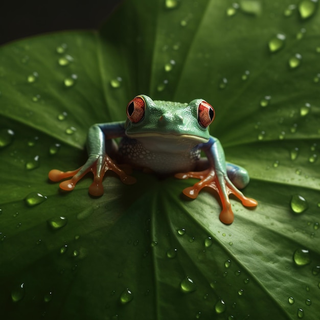 Une grenouille aux yeux orange est assise sur une feuille avec des gouttes de pluie dessus.