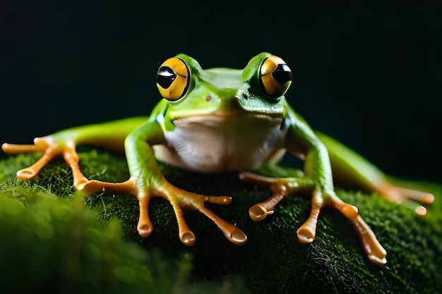 Une grenouille aux yeux orange est assise sur une feuille verte.