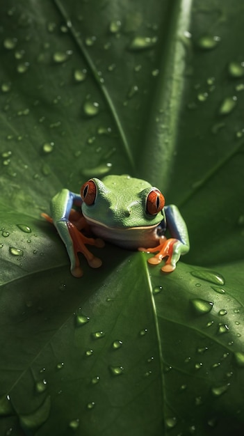 Une grenouille aux yeux rouges est assise sur une feuille avec des gouttes de pluie dessus.