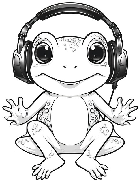 Une grenouille de bande dessinée avec des écouteurs et des notes de musique Image AI générative Livre de coloriage pour les enfants