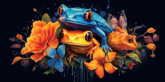 une grenouille bleue assise sur une fleur jaune