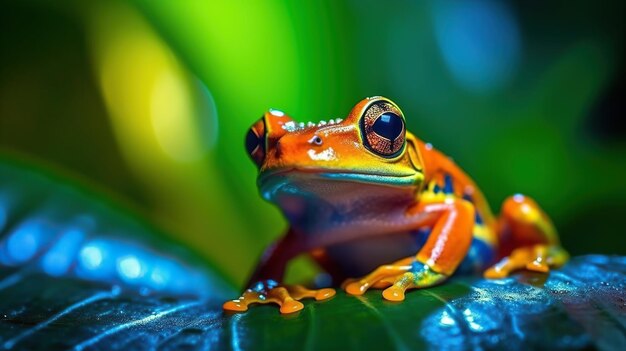 La grenouille bleue, jaune et orange sur la feuille verte