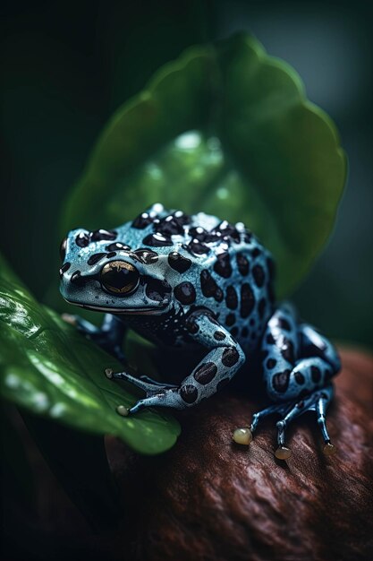 Une grenouille bleue et noire se repose sur une feuille