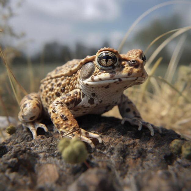 Photo une grenouille brune et blanche est assise sur un rocher dans un champ.