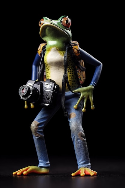 Photo une grenouille avec une caméra se tient devant un fond noir.