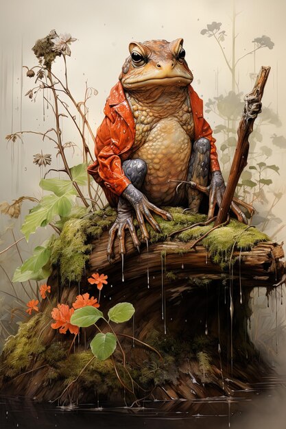 une grenouille avec une chemise rouge est assise sur une bûche avec des fleurs et des plantes