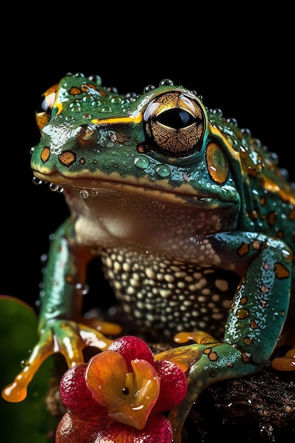 Une grenouille avec un corps vert et un corps jaune est assise sur une table avec des fruits.