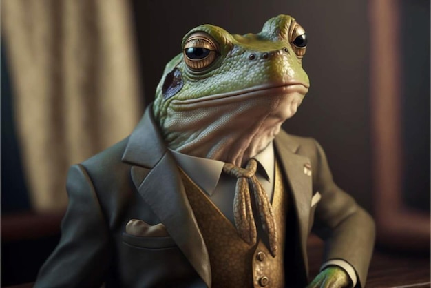 Une grenouille en costume avec une cravate et un gilet