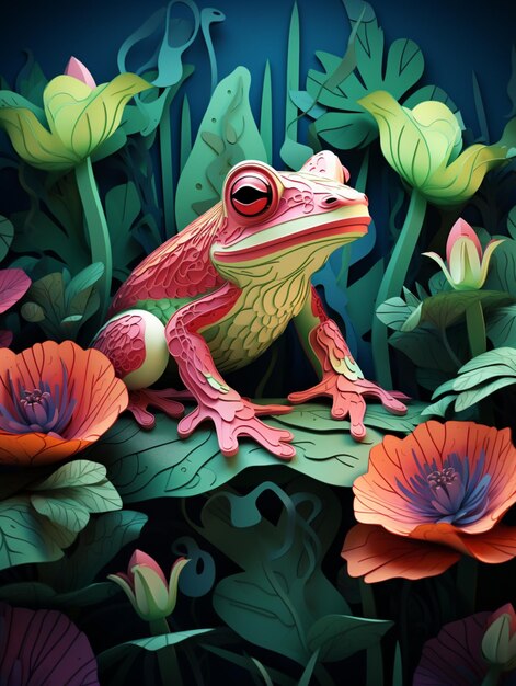 grenouille coupée en papier de couleurs vives assise sur une branche feuillue entourée de fleurs