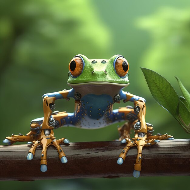 La grenouille cyborg verte dans la jungle Une grenouille robotique générée par l'IA