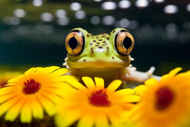 Photo grenouille dans l'aquarium avec des lis décoratifs