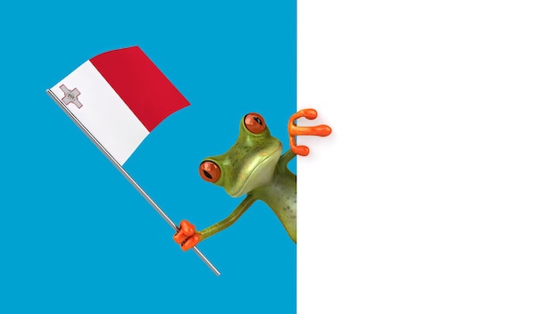Une grenouille de dessin animé 3D amusante avec un drapeau de la chaîne alpha de Malte incluse