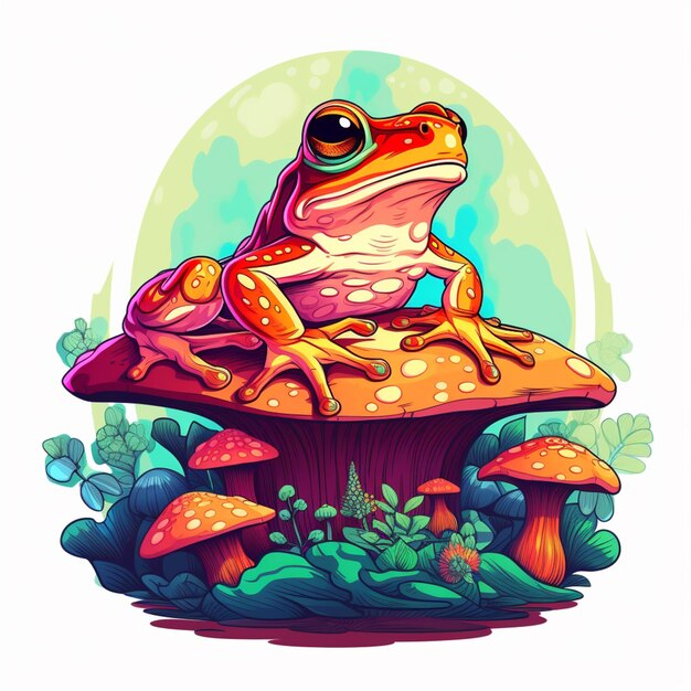 une grenouille de dessin animé assise sur un champignon avec des plantes et des champignons