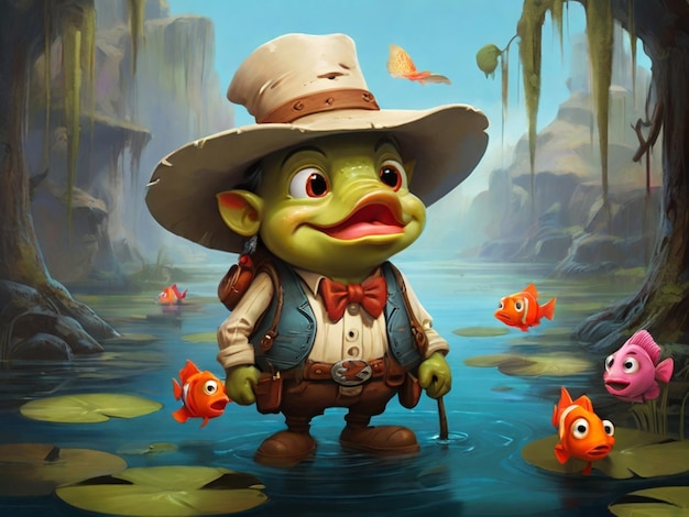 une grenouille de dessin animé avec un chapeau et un chopeau avec un poisson doré dedans