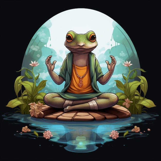 une grenouille de dessin animé méditant en position de lotus sur un rocher devant la pleine lune