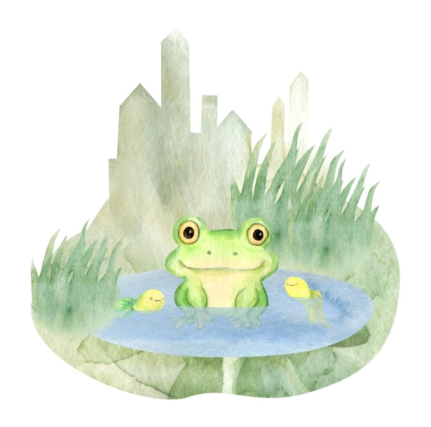 Grenouille de dessin animé mignon aquarelle dessiné à la main assis dans un étang