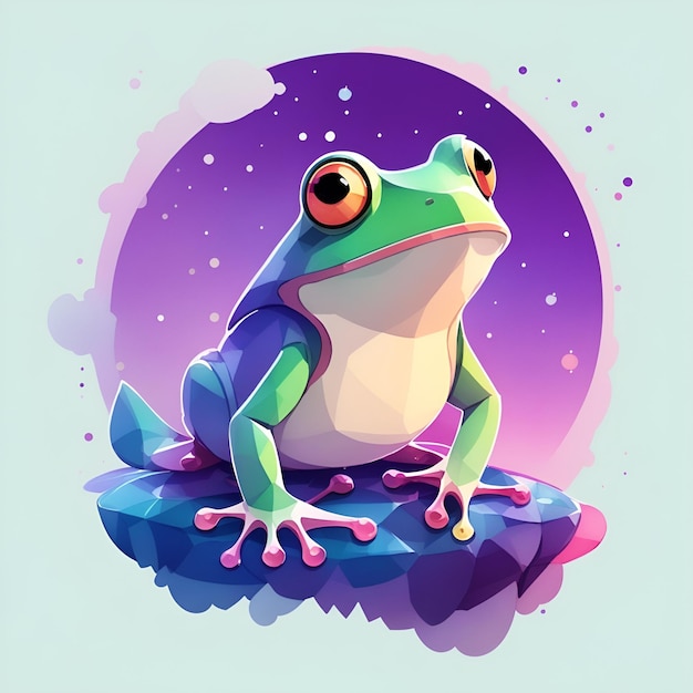 Une grenouille dessinée avec un fond violet et un fond violet.