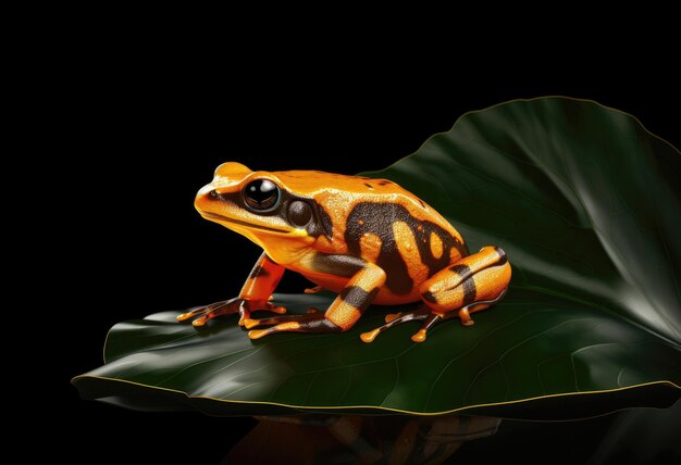 La grenouille dorée sur une feuille contre le noir, une image exquise mettant en valeur les couleurs et les textures vibrantes des amphibiens.