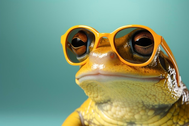 Photo grenouille drôle portant des lunettes de soleil sur fond de couleur unie ia générative