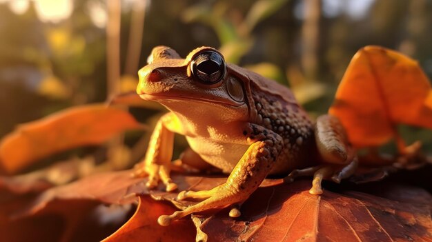 Grenouille Dumpy sur les feuilles Grenouille Amphibien Reptileheure d'or