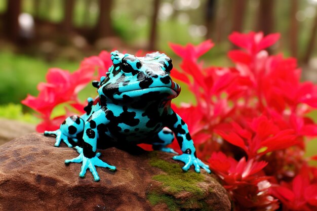 Grenouille empoisonnée colorée sur un rocher avec des fleurs rouges en arrière-plan IA générative