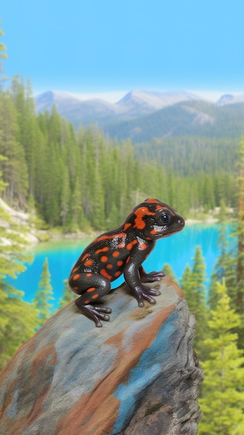 Grenouille empoisonnée colorée sur un rocher avec des fleurs rouges en arrière-plan IA générative