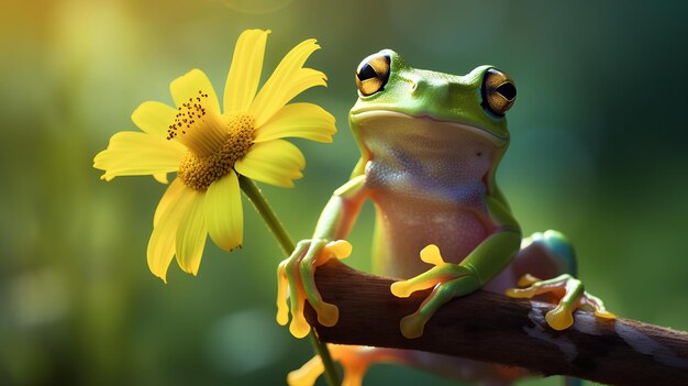 une grenouille est assise sur une branche de fleur