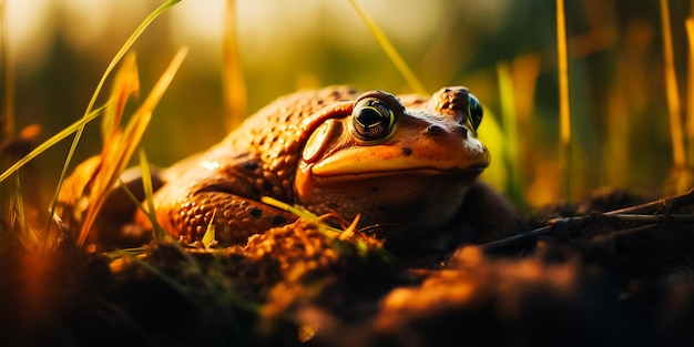 Une grenouille est assise dans l'herbe avec le soleil qui brille dessus.