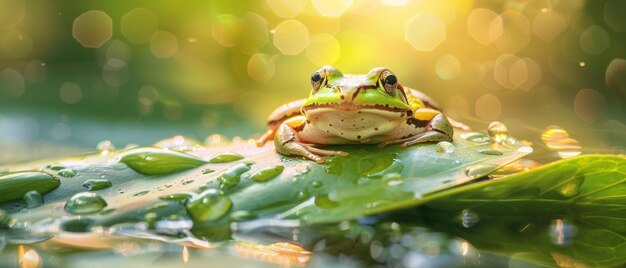 La grenouille est assise sur une feuille dans l'étang avec la lumière du soleil du matin qui brille sur la réflexion sur le